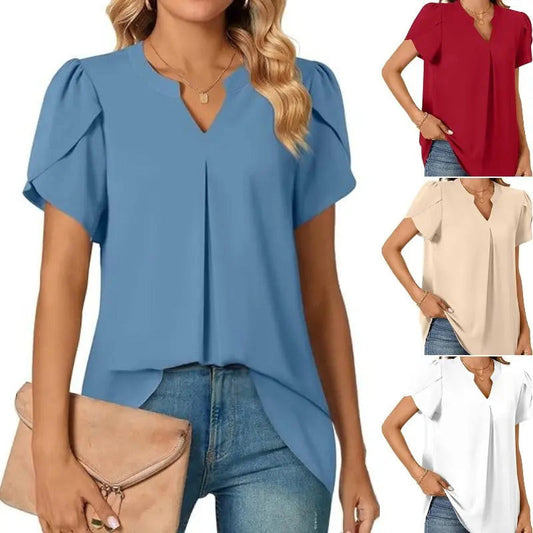 👚Damska koszulka z krótkim rękawem w jednolitym kolorze z dekoltem w serek