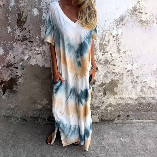 💝Luźna długa sukienka z nadrukiem Tie-Dye z dekoltem w szpic