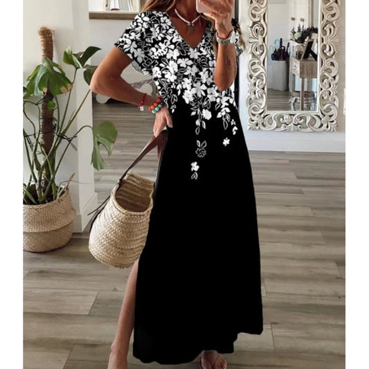 👗 Modna sukienka z nadrukiem z dekoltem w szpic