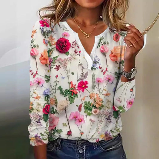 💐Elegancka bluzka z długimi rękawami i kwiatowym nadrukiem