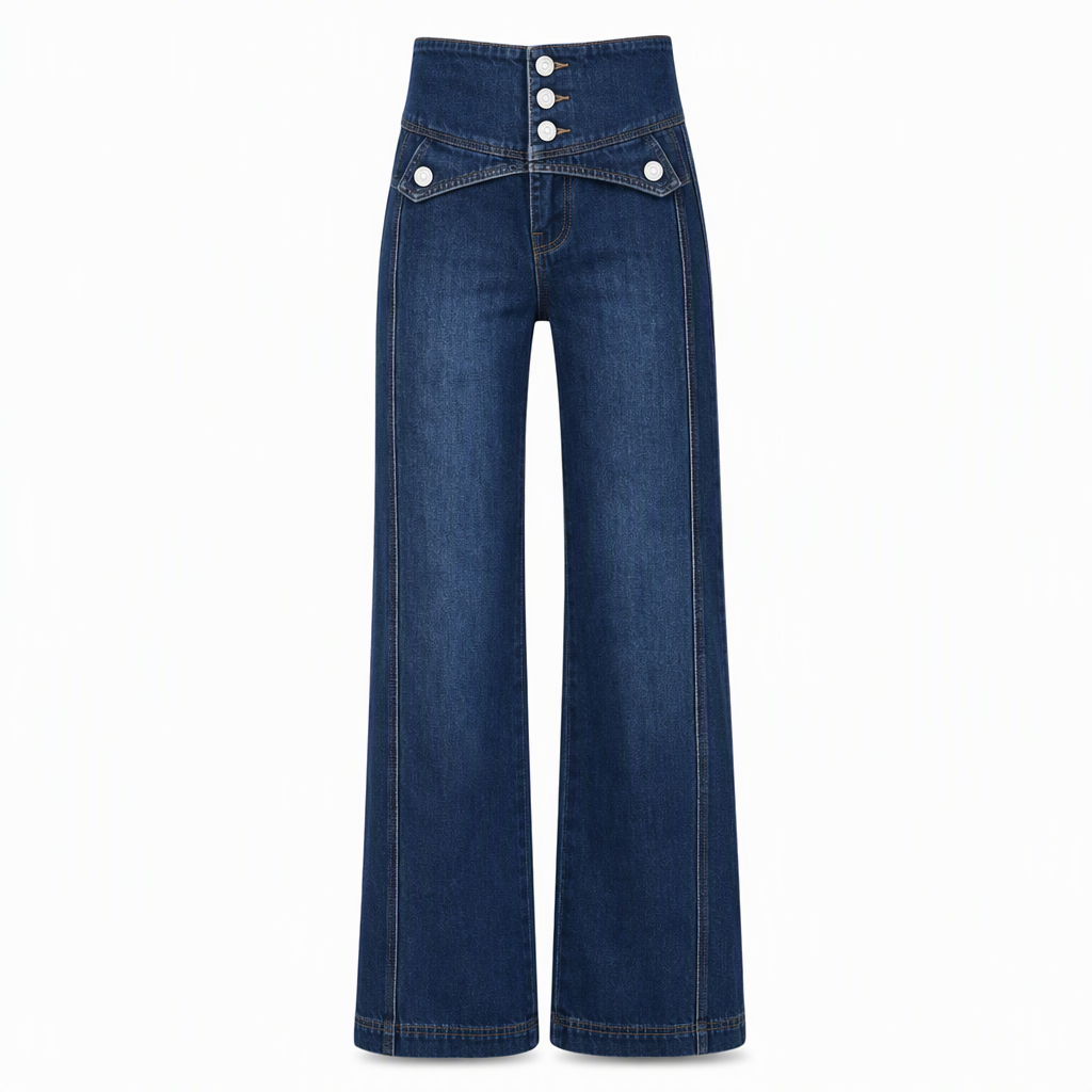 High Waisted Wide Leg Flare Denim Jeans with Triple Button Closure