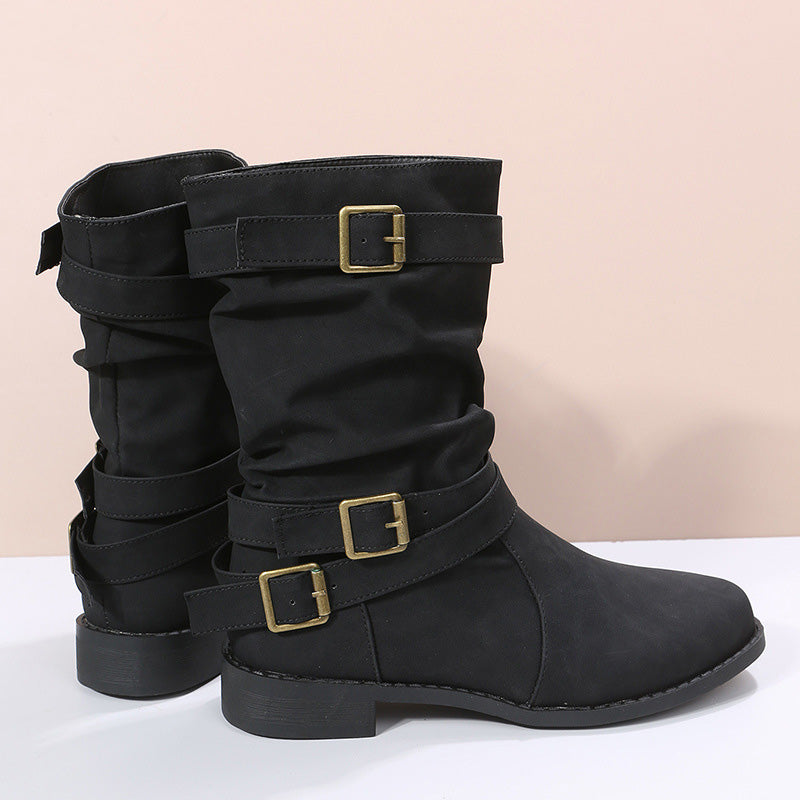 Women's Low Heel Buckle Boots