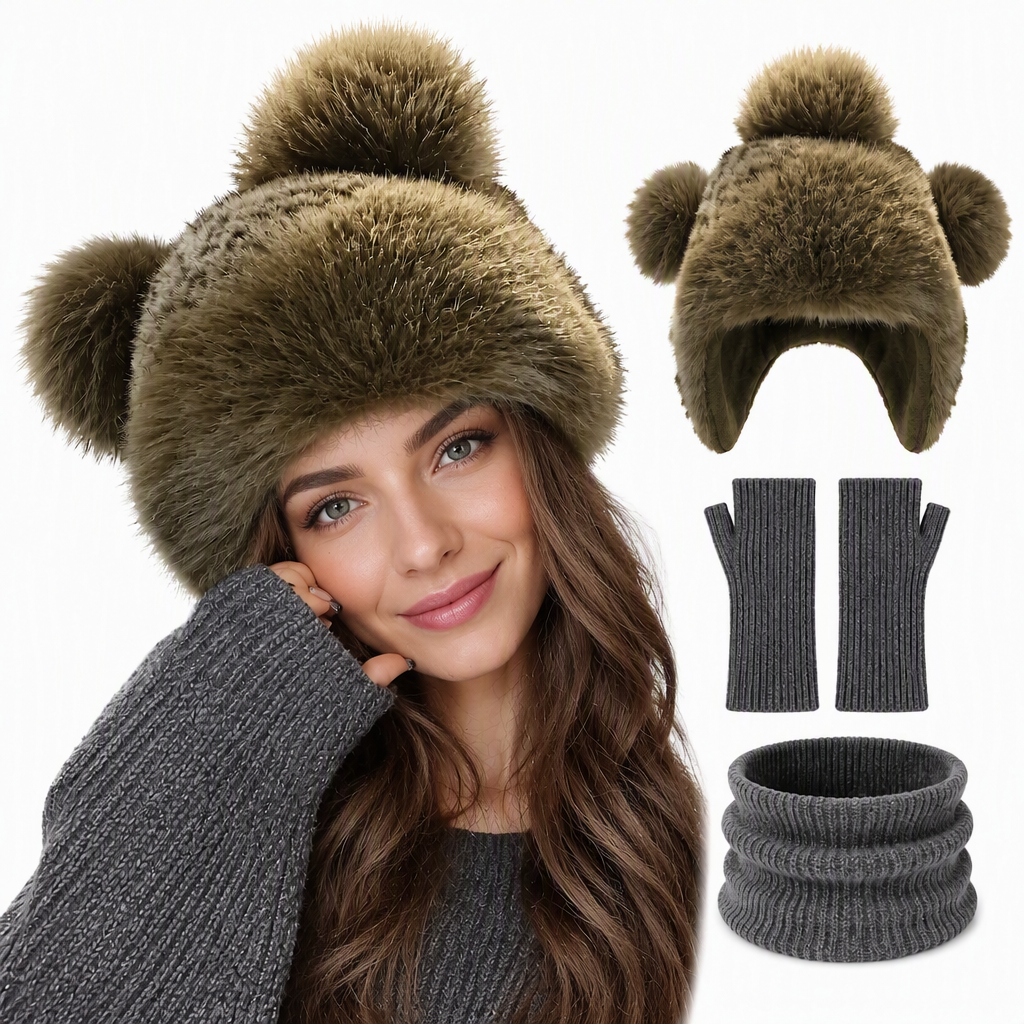 Retro Leopard Print Women’s Autumn/Winter Bear-Ear Thickened Warm Ear-Warming Hat