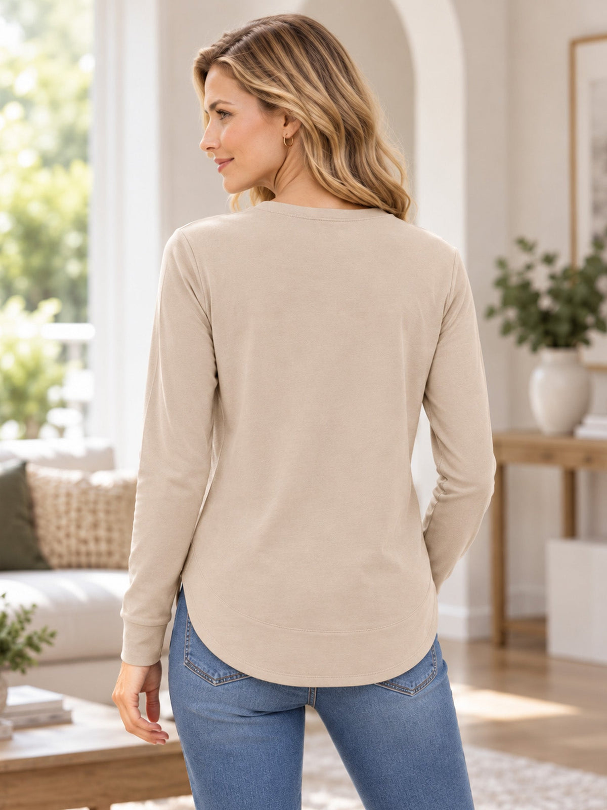 Women’s Solid High Low Hem Long-Sleeve Tops
