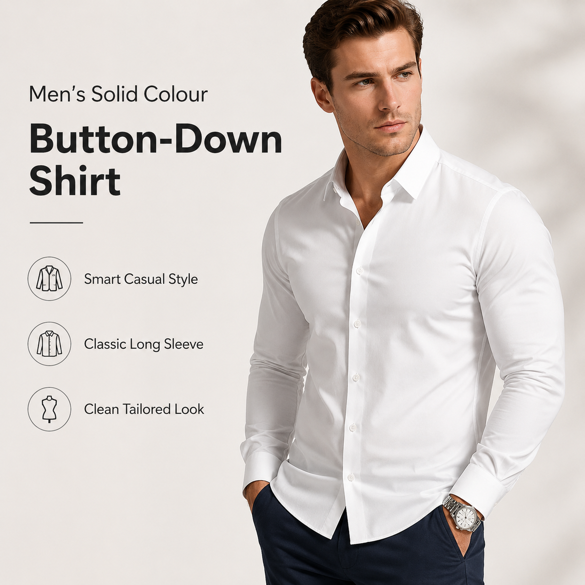 👔Men’s plain-coloured, notched-collar, long-sleeved button-down shirt