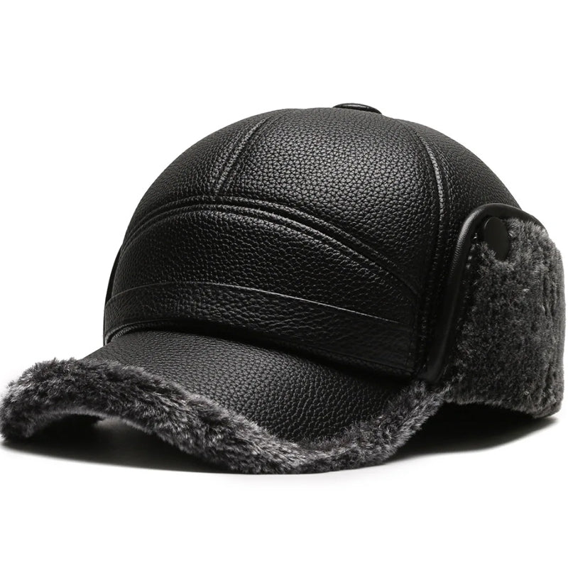 🧢🐂Ny vinterhatt för män med fårskinn platt topp öronskydd-6