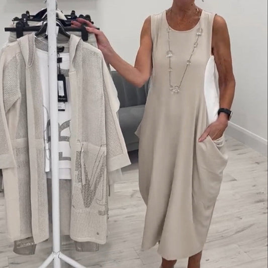 🌸Elegancka luźna sukienka bez rękawów z kieszeniami