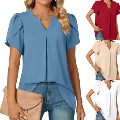 👚Damska koszulka z krótkim rękawem w jednolitym kolorze z dekoltem w serek