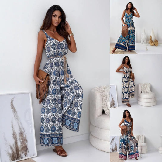 ✨Boho drukowany kombinezon bez pleców z paskiem z frędzlami