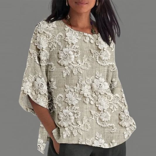 👚Luźny top z rękawem 3/4 z kwiatowym nadrukiem 3D