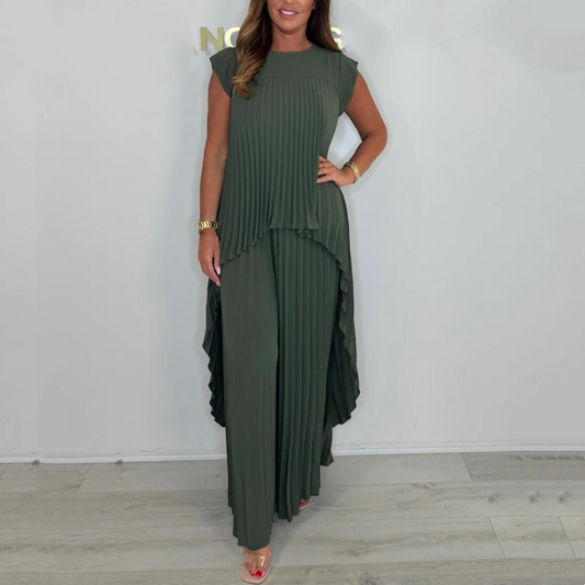 Elegancki damski dwuczęściowy plisowany top + spodnie