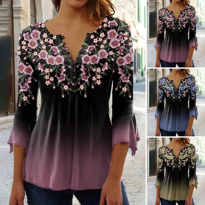 🌹Elegancki damski top z dekoltem w kształcie litery V z kwiatowym nadrukiem