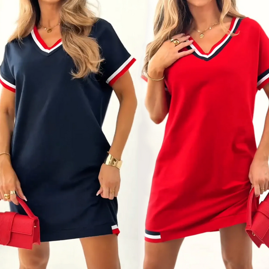 🔥👗Damska luźna sukienka w paski z dekoltem w szpic