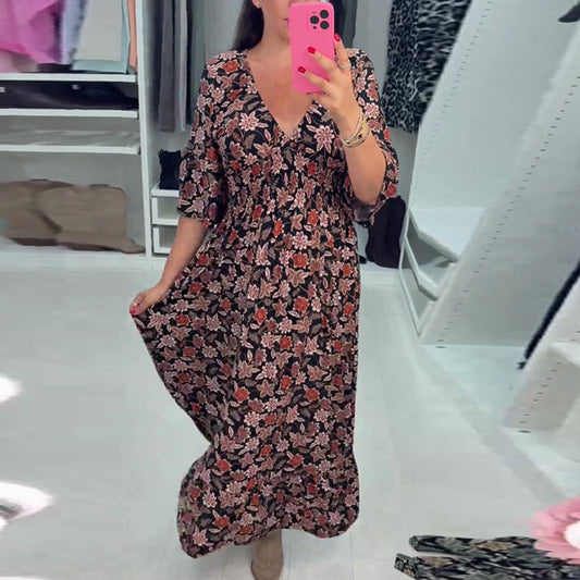 💃Modna sukienka maxi z nadrukiem i dekoltem w szpic (rękawy 3/4)