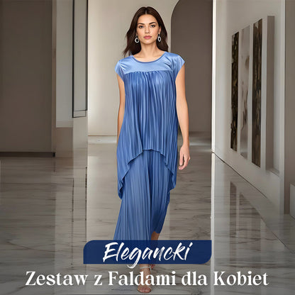 Elegancka Bluzka z Faldami i Szerokie Spodnie dla Kobiet
