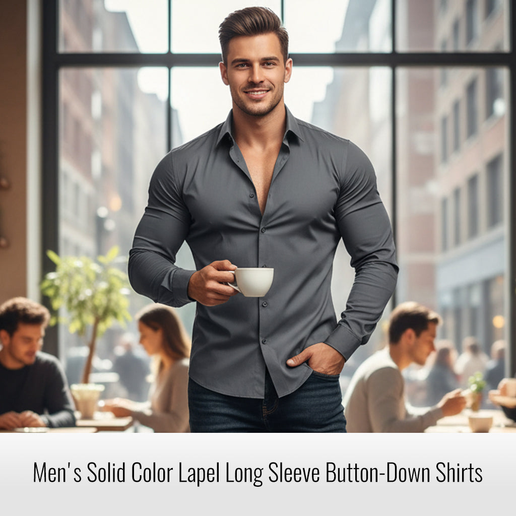 👔Men’s plain-coloured, notched-collar, long-sleeved button-down shirt