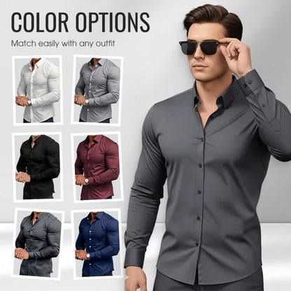 👔Men’s plain-coloured, notched-collar, long-sleeved button-down shirt