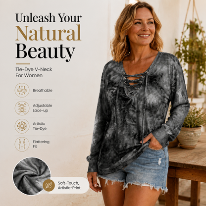 ☀️👚 V-Neck Tie-Dye Top with Lace-Up Detail – Soft Drape & Versatile Style for Any Casual Day