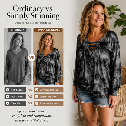 ☀️👚 V-Neck Tie-Dye Top with Lace-Up Detail – Soft Drape & Versatile Style for Any Casual Day