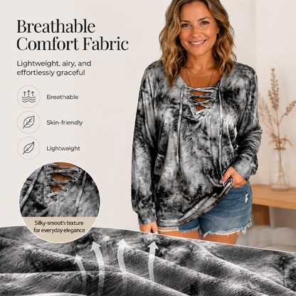 ☀️👚 V-Neck Tie-Dye Top with Lace-Up Detail – Soft Drape & Versatile Style for Any Casual Day
