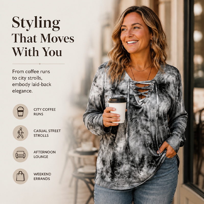 ☀️👚 V-Neck Tie-Dye Top with Lace-Up Detail – Soft Drape & Versatile Style for Any Casual Day