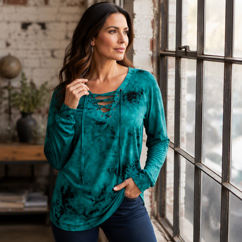 ☀️👚 V-Neck Tie-Dye Top with Lace-Up Detail – Soft Drape & Versatile Style for Any Casual Day