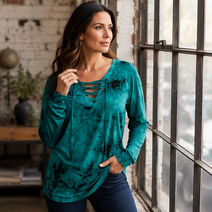 ☀️👚 V-Neck Tie-Dye Top with Lace-Up Detail – Soft Drape & Versatile Style for Any Casual Day