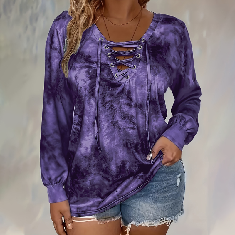 ☀️👚 V-Neck Tie-Dye Top with Lace-Up Detail – Soft Drape & Versatile Style for Any Casual Day