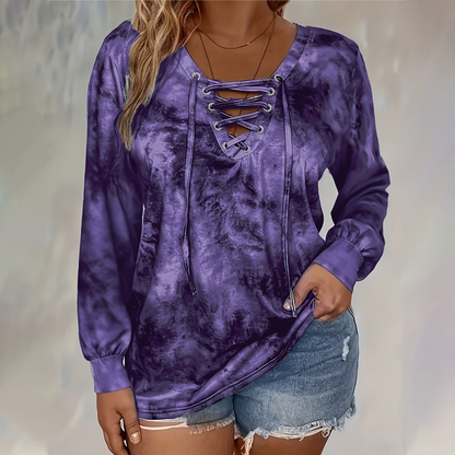 ☀️👚 V-Neck Tie-Dye Top with Lace-Up Detail – Soft Drape & Versatile Style for Any Casual Day