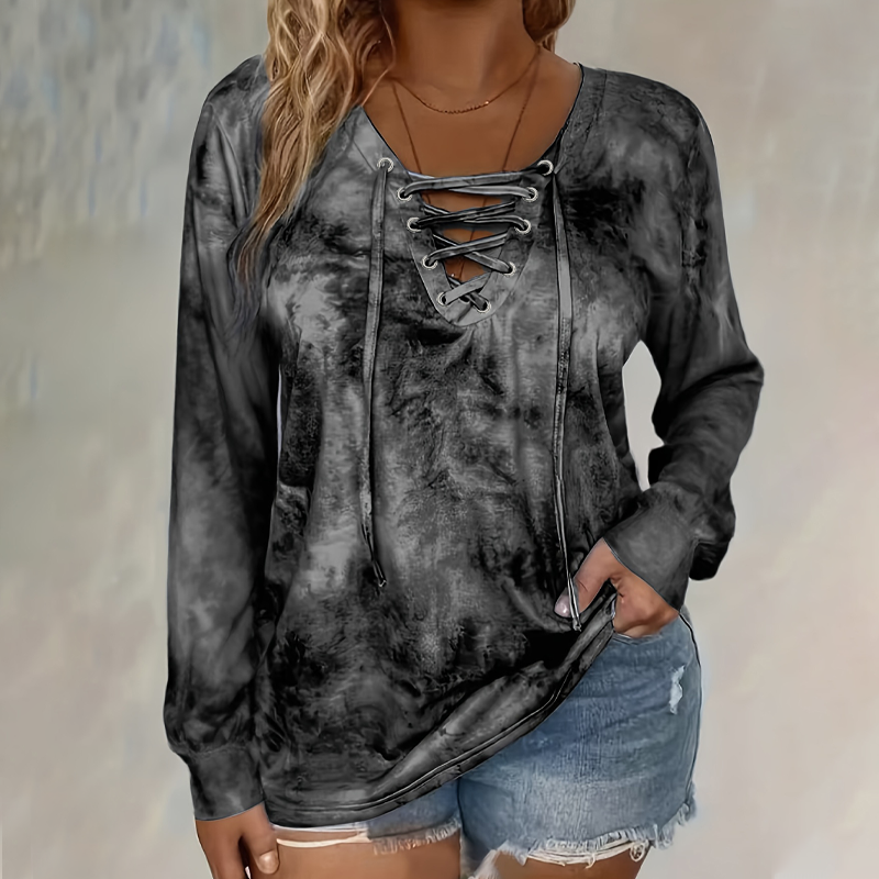 ☀️👚 V-Neck Tie-Dye Top with Lace-Up Detail – Soft Drape & Versatile Style for Any Casual Day