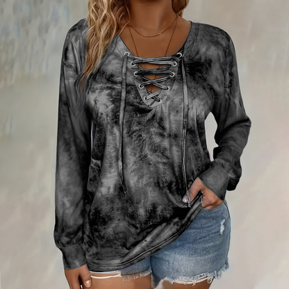 ☀️👚 V-Neck Tie-Dye Top with Lace-Up Detail – Soft Drape & Versatile Style for Any Casual Day