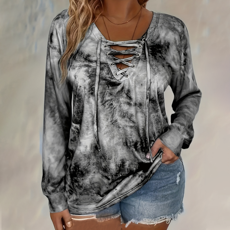 ☀️👚 V-Neck Tie-Dye Top with Lace-Up Detail – Soft Drape & Versatile Style for Any Casual Day