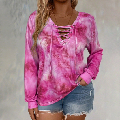 ☀️👚 V-Neck Tie-Dye Top with Lace-Up Detail – Soft Drape & Versatile Style for Any Casual Day