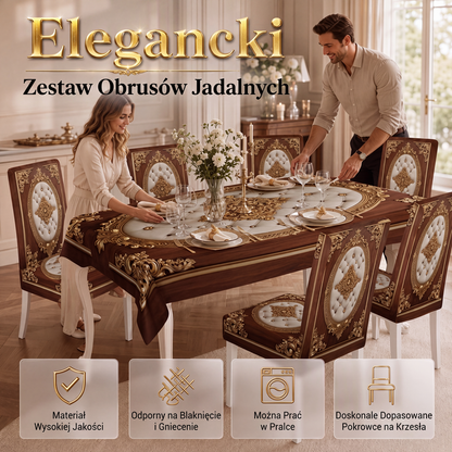 🌿 Obrusy i pokrowce na krzesła z wzorem imitującym drewno w stylu retro — idealnie pasują do eleganckich jadalni w stylu rustykalnym i europejskim