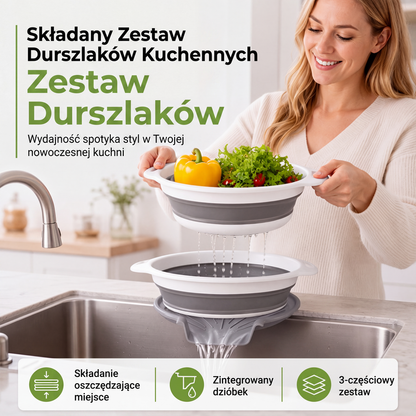 🧺3-częściowy składany zestaw durszlaków z podstawką do odsączania🥦🍇