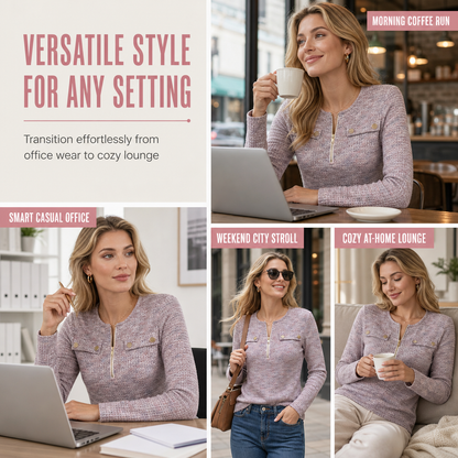 💖Women's Long Sleeve V-Neck Half Zip Knit Top