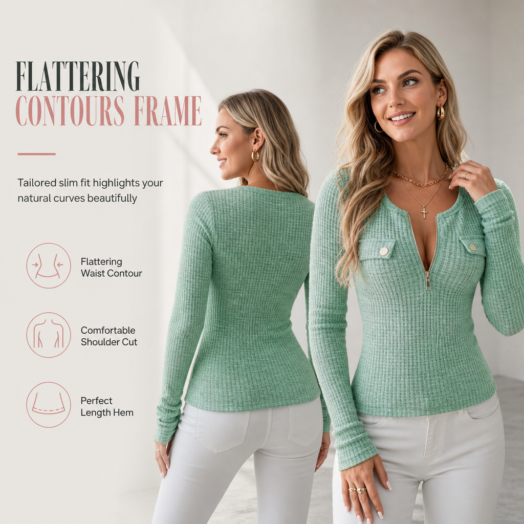 💖Women's Long Sleeve V-Neck Half Zip Knit Top