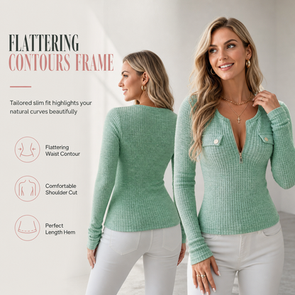 💖Women's Long Sleeve V-Neck Half Zip Knit Top