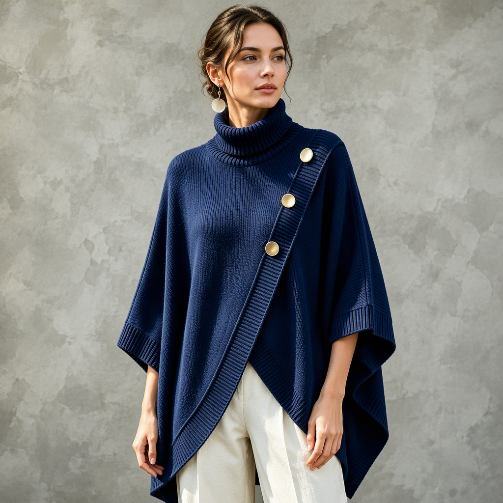 Flickors Asymmetrisk Turtleneck Poncho Stickad Tröja-6