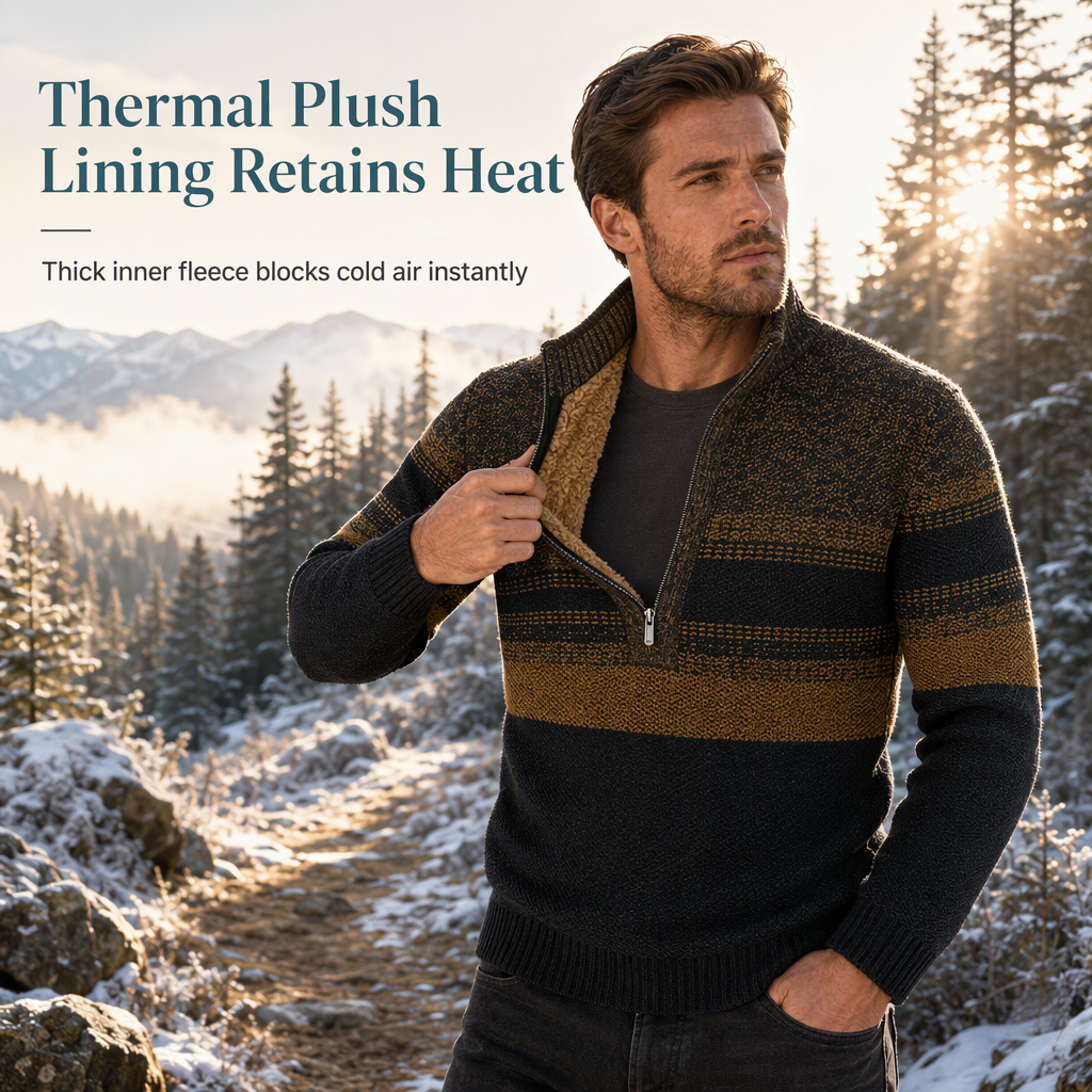 Men’s winter checked knitted cardigan with hood and fleece lining