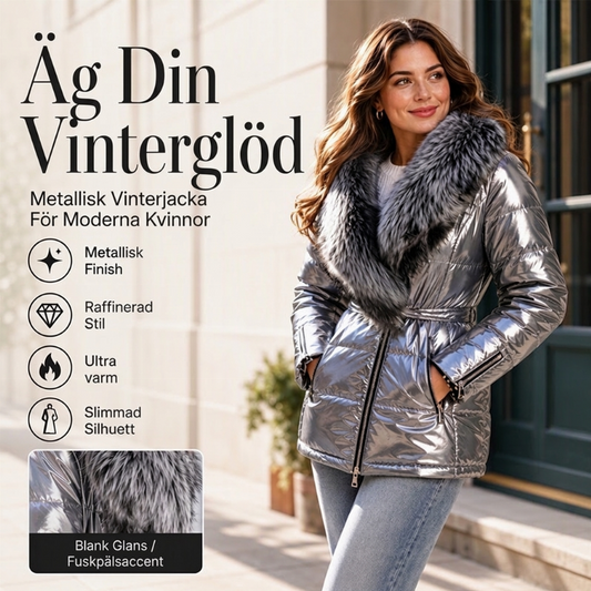 ❄️Damjacka i Metallisk Finish med Imitationspälskrage – Midjebälte & Vadderad Passform🦊