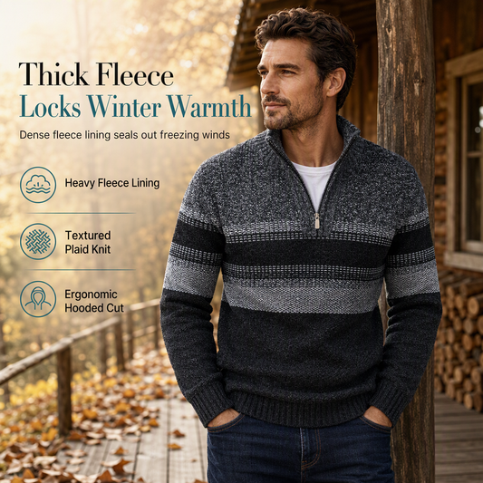 Men’s winter checked knitted cardigan with hood and fleece lining