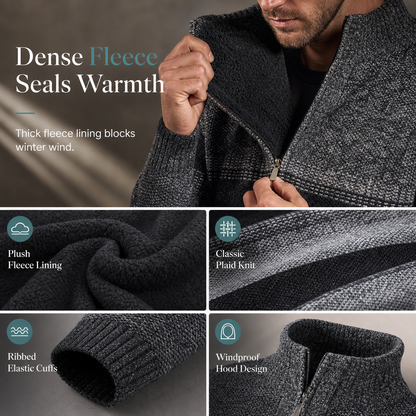 Men’s winter checked knitted cardigan with hood and fleece lining