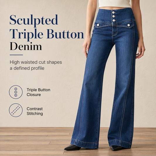 High Waisted Wide Leg Flare Denim Jeans with Triple Button Closure