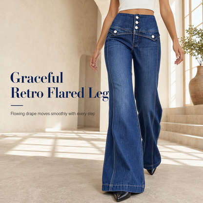 High Waisted Wide Leg Flare Denim Jeans with Triple Button Closure