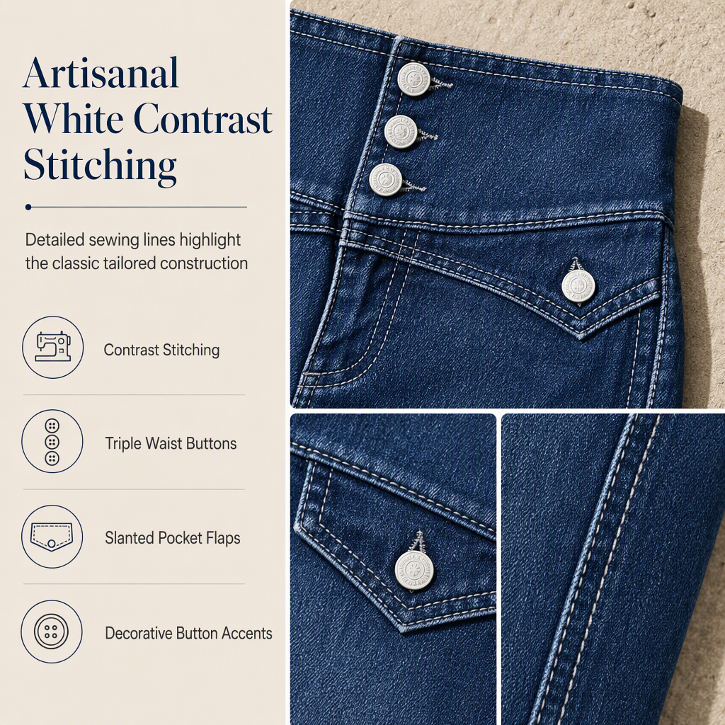 High Waisted Wide Leg Flare Denim Jeans with Triple Button Closure