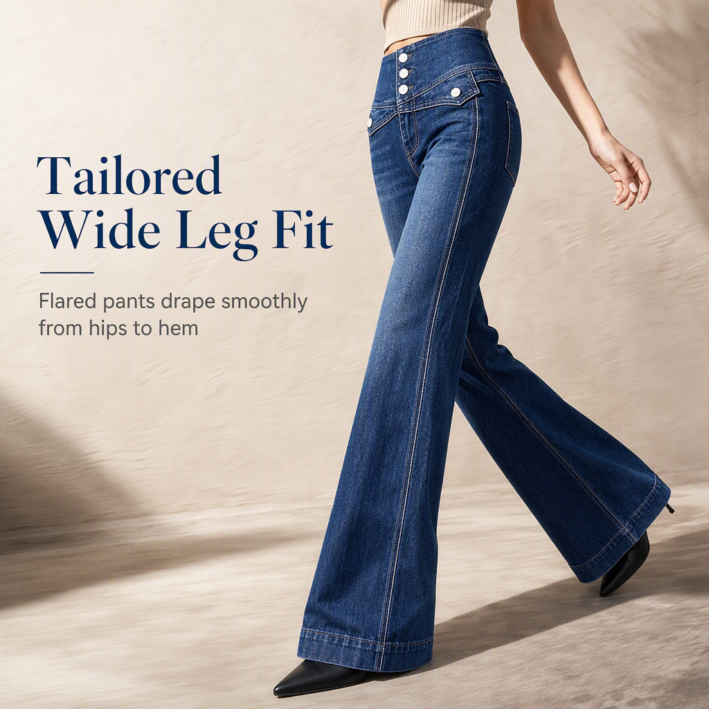 High Waisted Wide Leg Flare Denim Jeans with Triple Button Closure