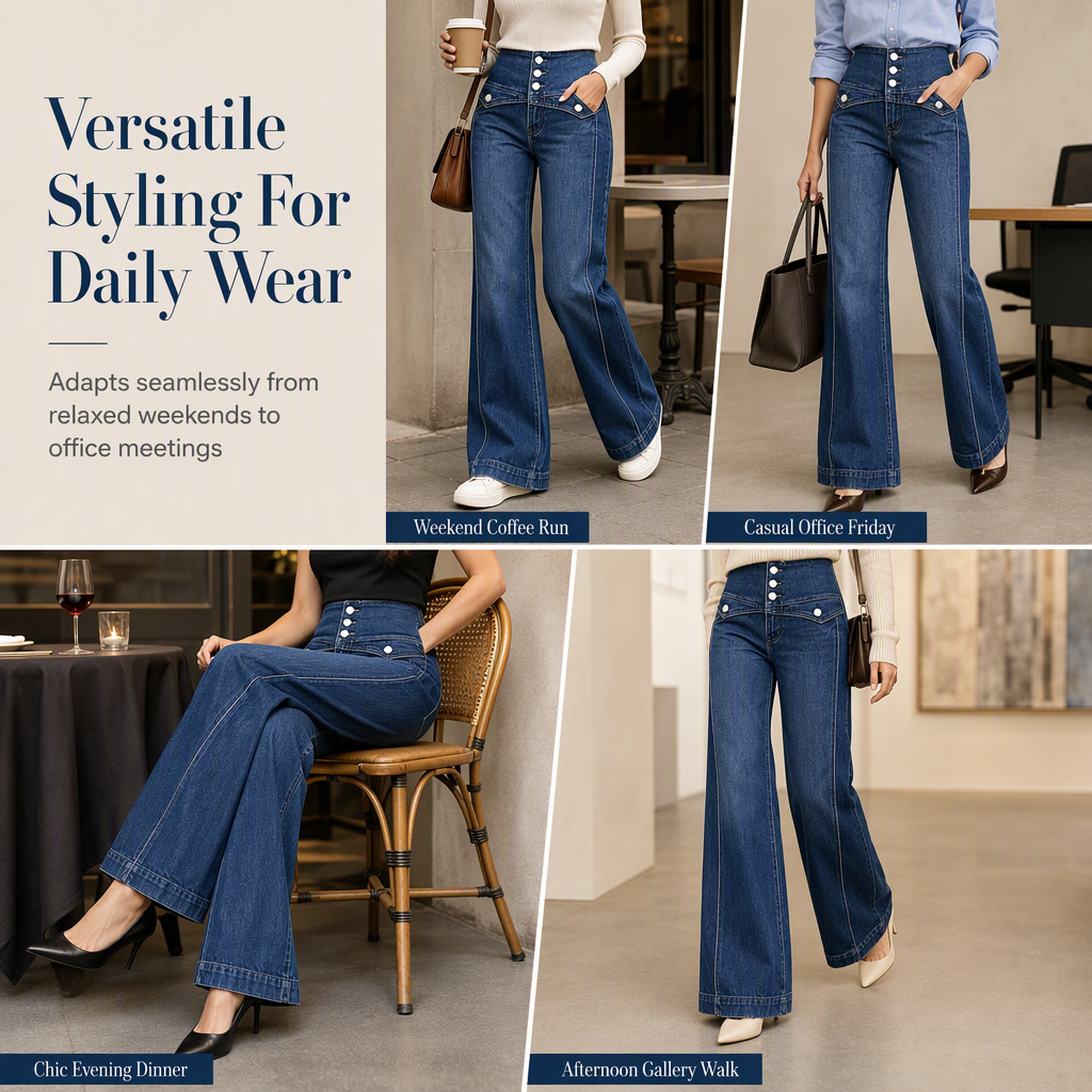 High Waisted Wide Leg Flare Denim Jeans with Triple Button Closure