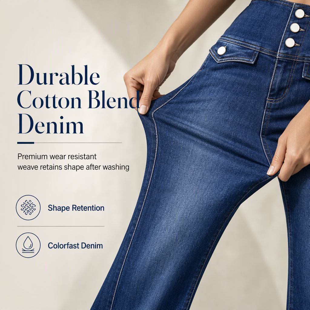 High Waisted Wide Leg Flare Denim Jeans with Triple Button Closure