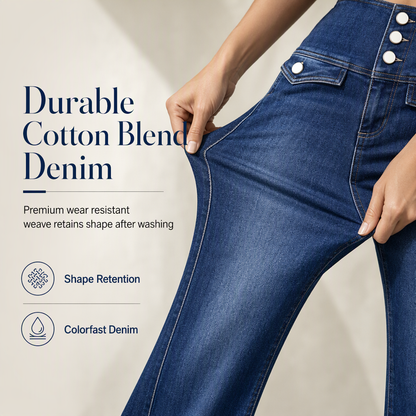 High Waisted Wide Leg Flare Denim Jeans with Triple Button Closure
